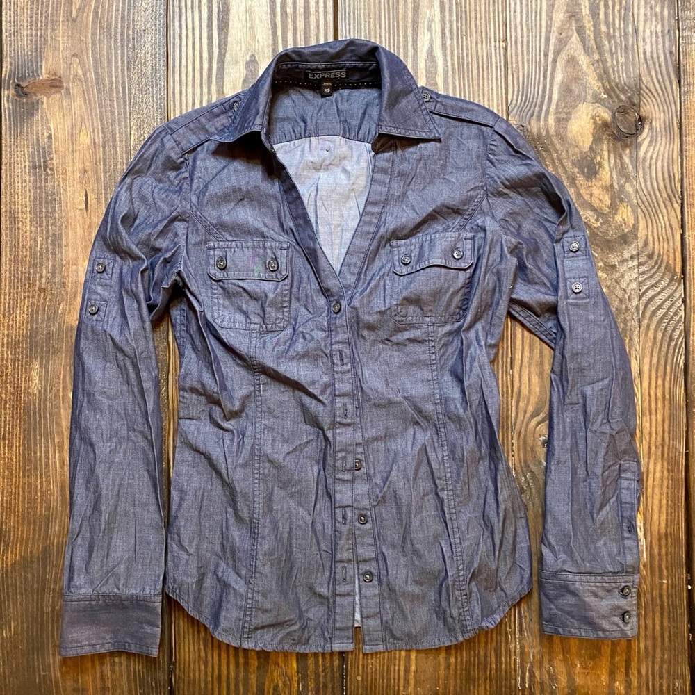 Express Dark Denim Button Down Shirt, Size XS